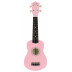 Sopránové ukulele s 12 pražci, otevřenými kytarovými mechanikami v růžovém provedení, cenově dostupné. Orientační tečky na 5., 7. a 10. pražci.
